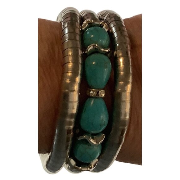 Silvertone & Faux Turquoise Bracelets Set - Picture 2 of 7
